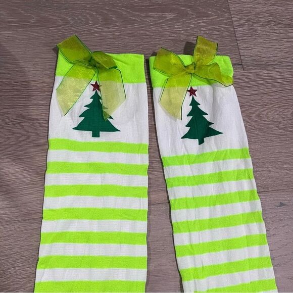 Christmas Tree Green Striped Thigh High Socks - Picture 2 of 3